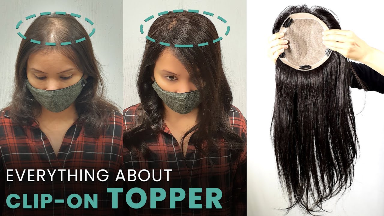 "Before-and-after transformation of a woman using a clip-on hair topper. The left side shows visible hair thinning on the crown, while the right side displays a fuller, voluminous look after applying the topper. On the right, a close-up of the clip-on topper reveals its secure attachment mechanism. The text overlay reads 'Everything About Clip-On Topper,' highlighting its benefits for hair thinning solutions."