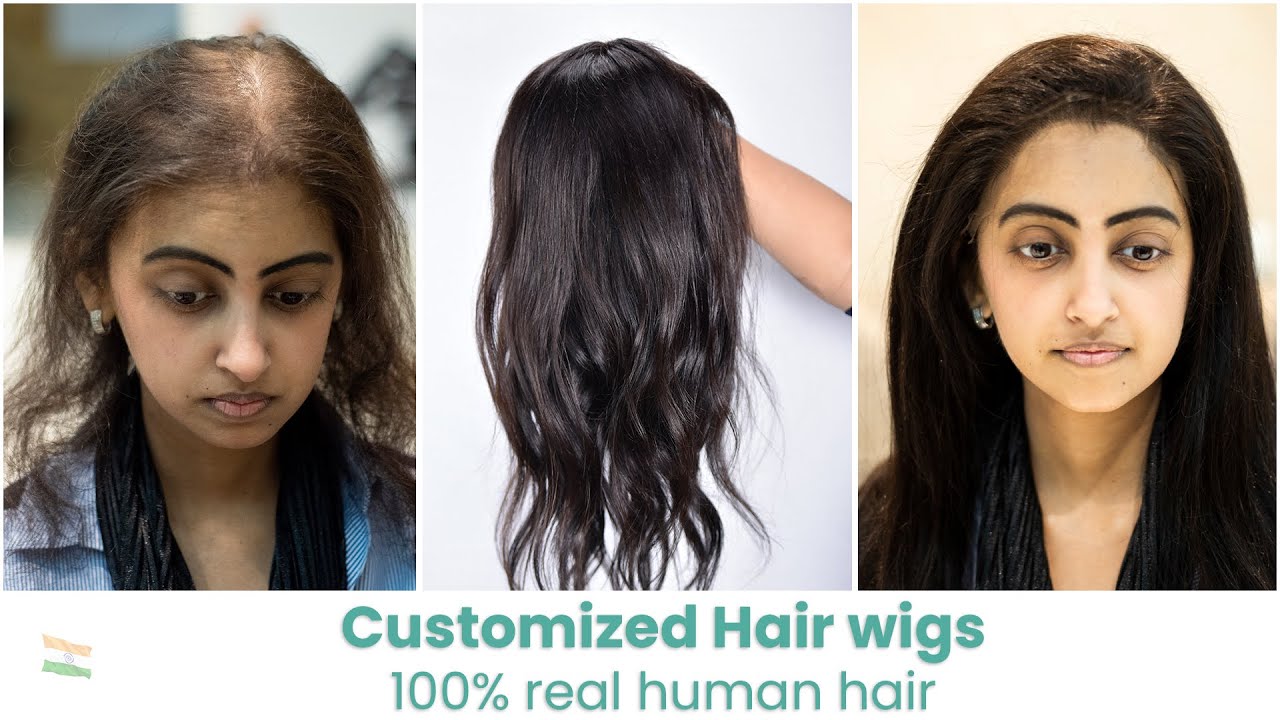 "A before-and-after transformation of a woman using a customized human hair wig. The left side shows significant hair thinning, while the right side displays a fuller, natural-looking hairstyle after wearing the wig. The center image showcases the high-quality, wavy, real human hair wig. The text at the bottom highlights the product as 'Customized Hair Wigs – 100% Real Human Hair,' emphasizing its natural appearance and premium quality."