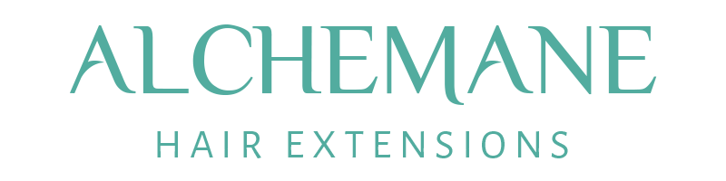"Alchemane Hair Extensions logo with sleek, modern typography in a teal color on a transparent background."