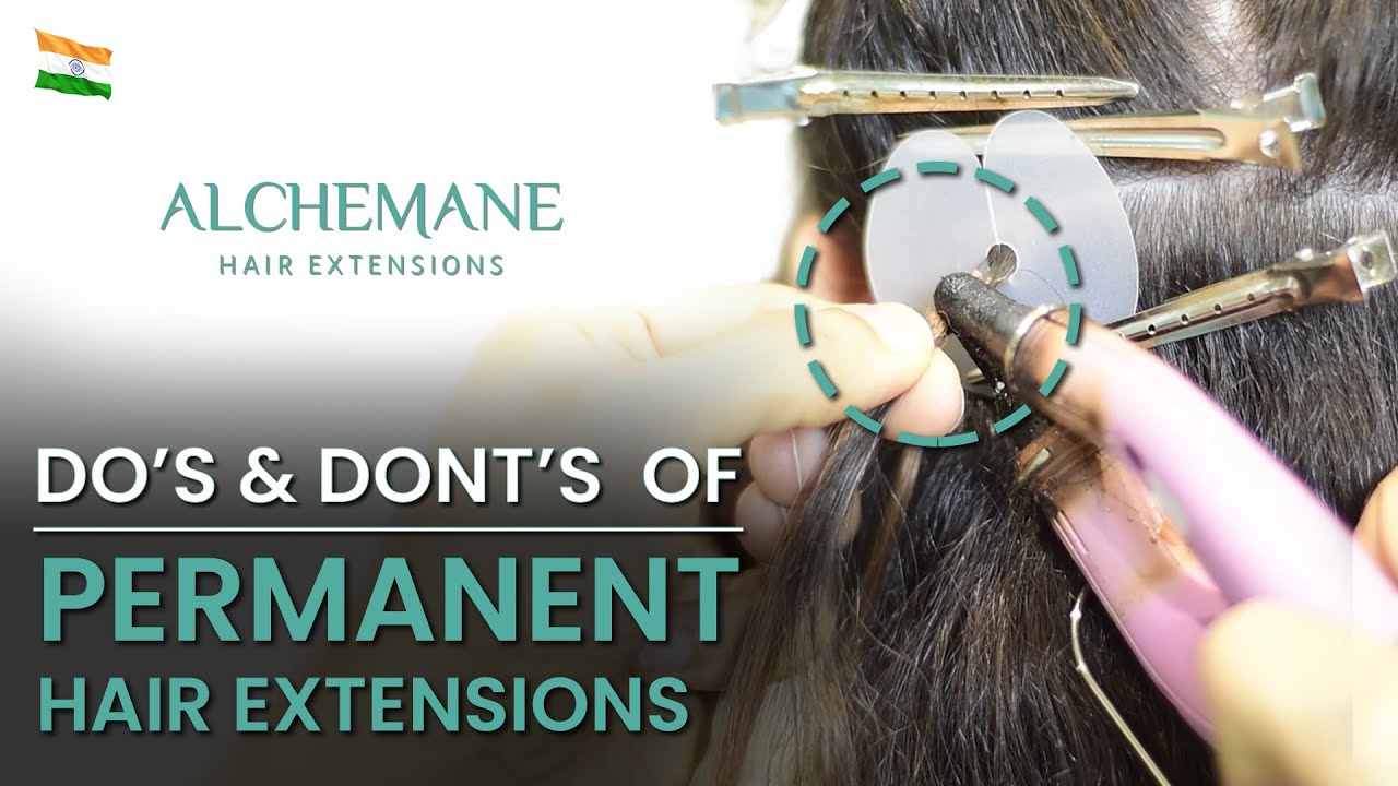 "A close-up of the permanent hair extension application process using a heating tool and protective shield. The image highlights the do’s and don’ts of hair extension installation, ensuring a safe and long-lasting result. Alchemane Hair Extensions branding is visible."