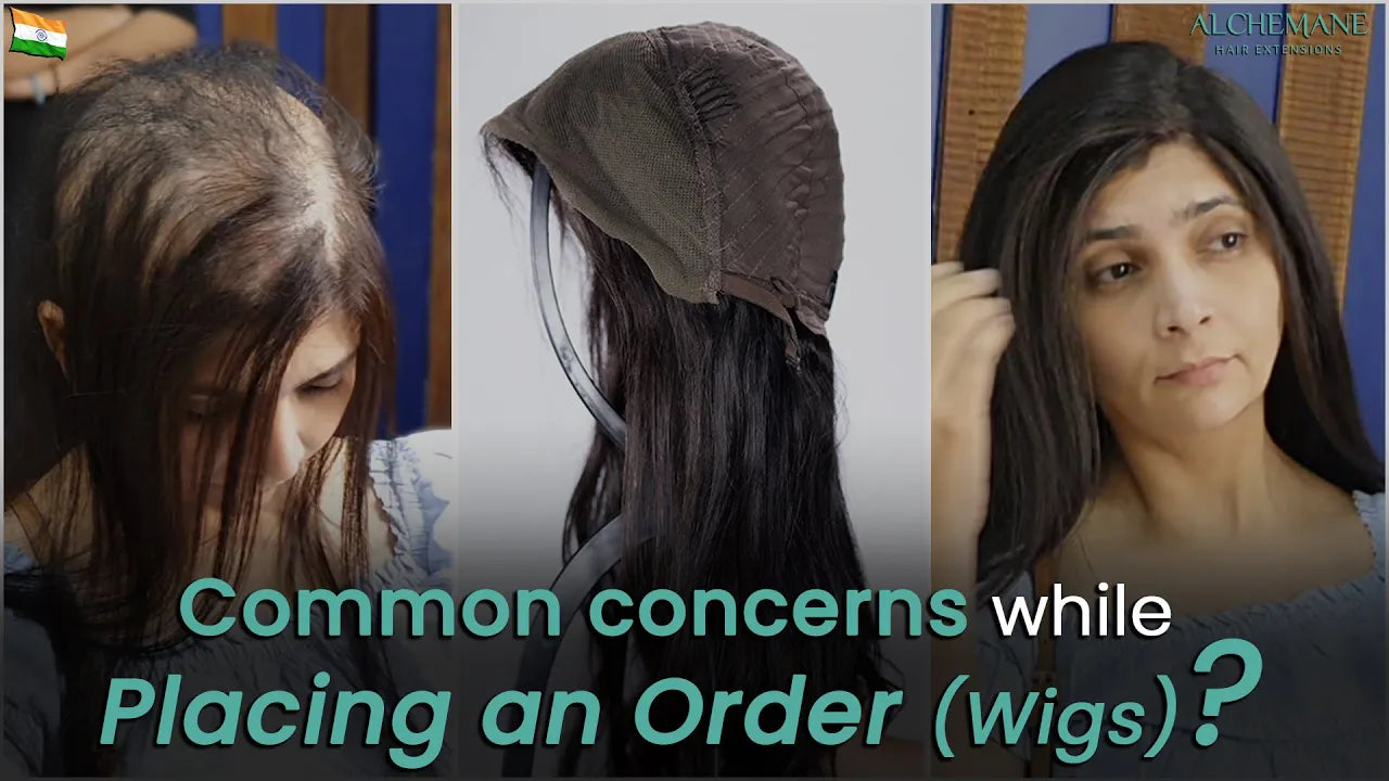 "Three-step visual representation of concerns when ordering a wig: (1) A woman experiencing severe hair thinning, (2) A close-up of a wig cap structure, and (3) A woman confidently wearing a natural-looking wig. The image addresses common doubts about wig selection and results."