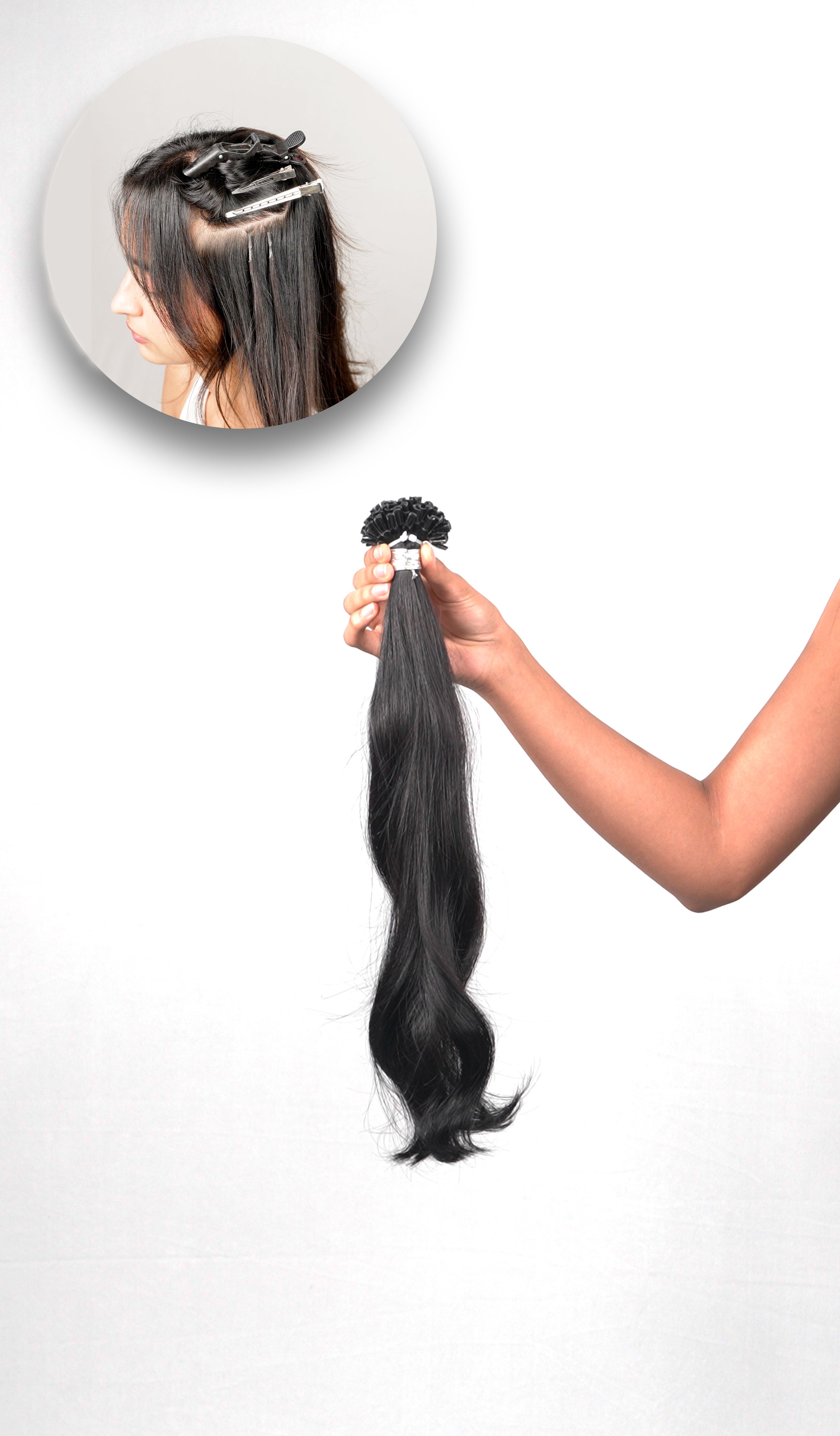 "Hand holding a bundle of premium hair extensions, highlighting their smooth texture and quality, with an inset showing the application process for a natural integration."